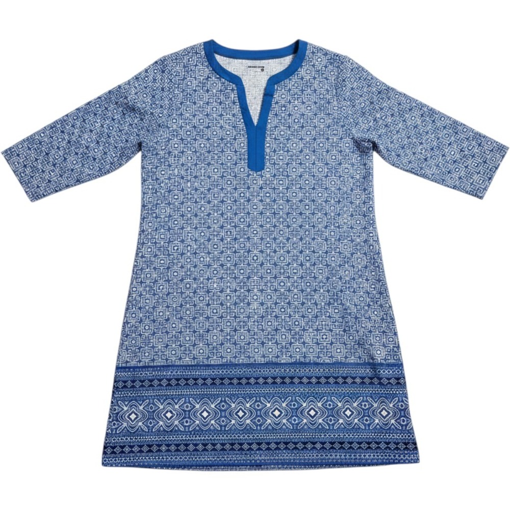 Lands End Dress Womens Lg Blue Sheath V-Neck Geometric Tile Print Coastal Resort